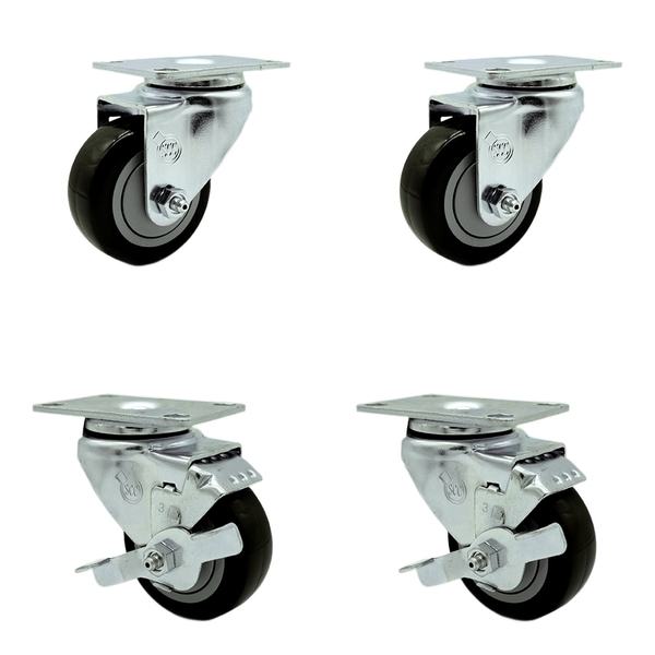 Service Caster 3.5 Inch Black Polyurethane Wheel Swivel Top Plate Caster Set with 2 Brakes SCC SCC-20S3514-PPUB-BLK-2-TLB-2